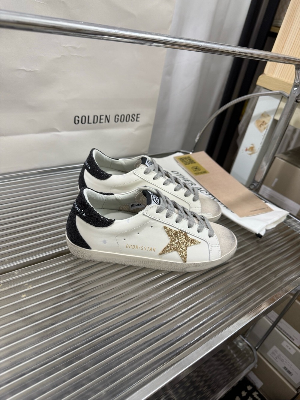 Golden Goose White Sneakers with Gold Glitter Star and Black Heel Glitter